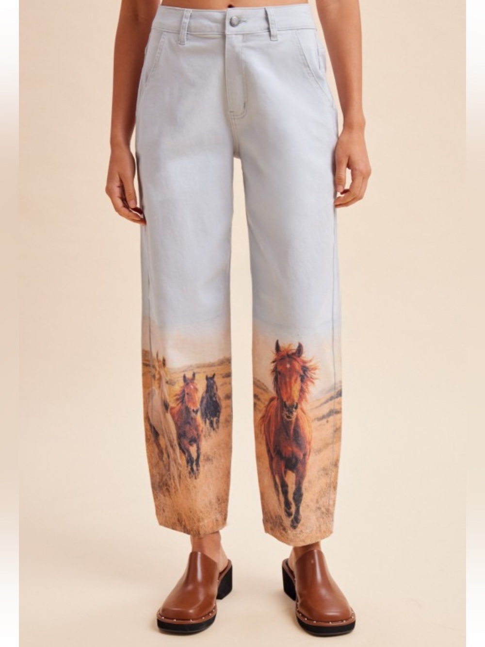 1543 • Summer Weight Stretch Denim Wild Horses Print High Waist Baggy Fit Jeans